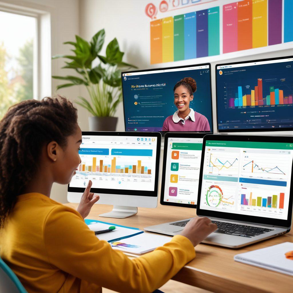 A digital classroom setting with diverse students engaged in remote learning through tablets and laptops. Include colorful charts and graphs illustrating assessment data on the screen. Show a supportive teacher interacting via video call, creating a welcoming atmosphere. Add elements that signify growth and achievement, like a plant sprouting or upward arrows. vibrant colors. modern illustration.