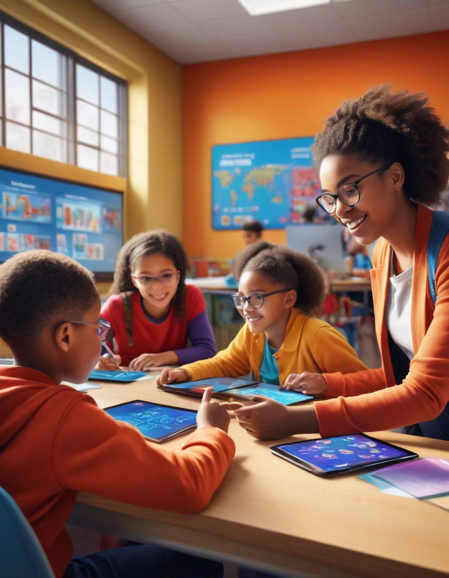 A vibrant classroom scene showcasing diverse students eagerly engaging in personalized learning tasks, with digital devices like tablets and laptops displaying interactive iReady content. Include a background of colorful educational posters and a teacher facilitating discussions. Capture a sense of enthusiasm and collaboration among students, with warm lighting enhancing the atmosphere. super-realistic. vibrant colors. 3D.